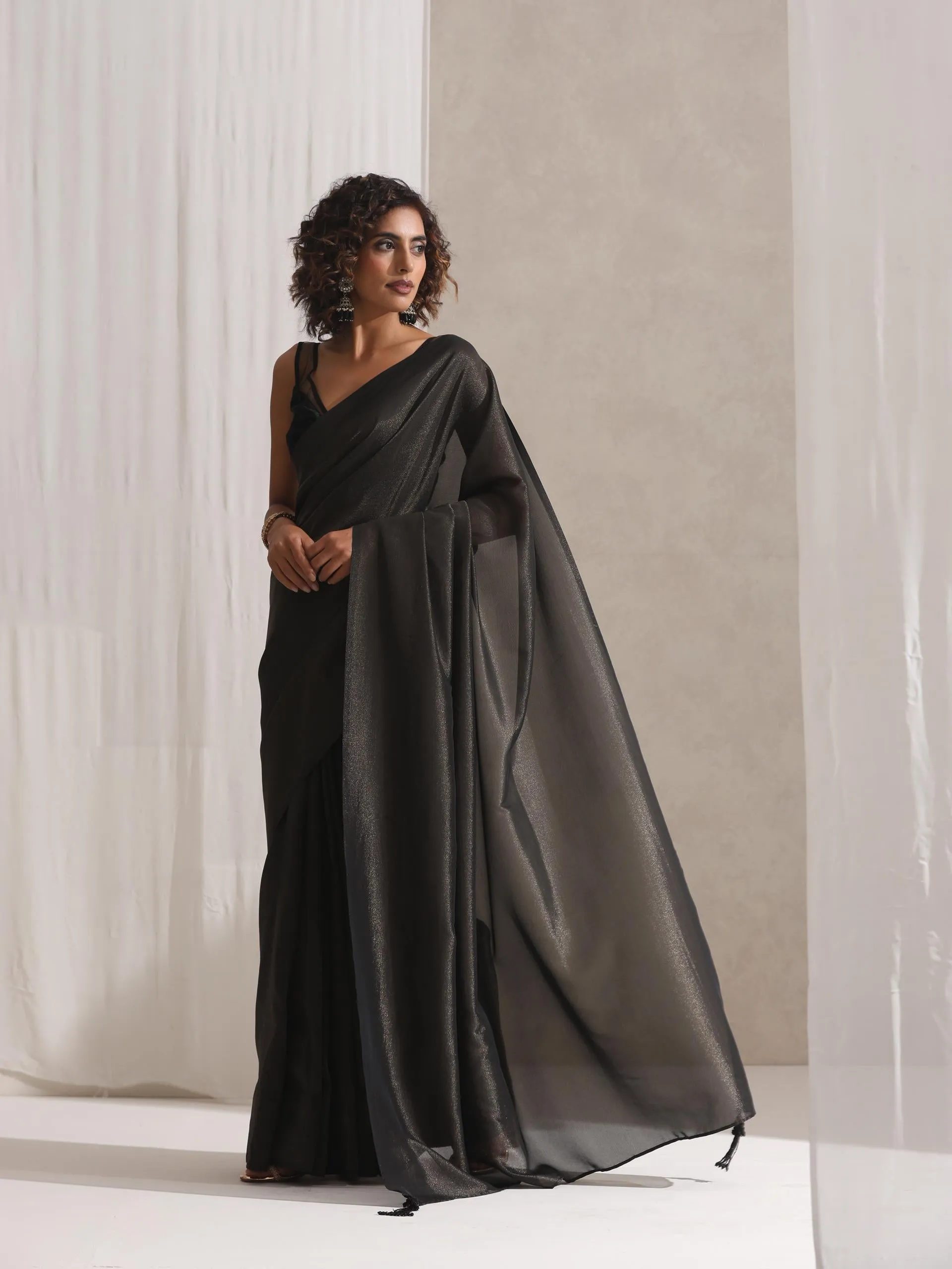 Black Woven Gold Saree with Pendants