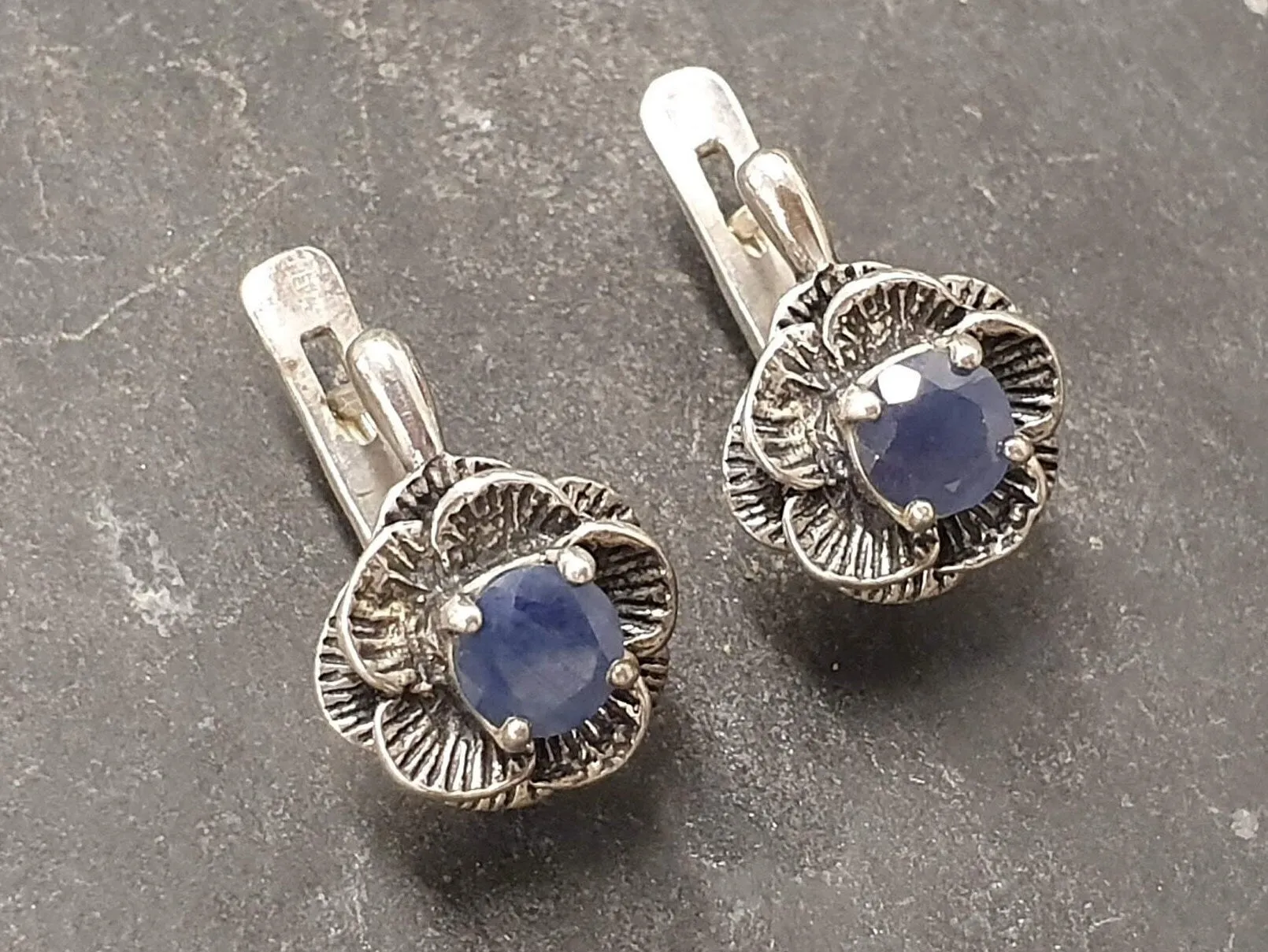 Blue Rose Earrings - Natural Sapphire Studs - Vintage Flower Earrings