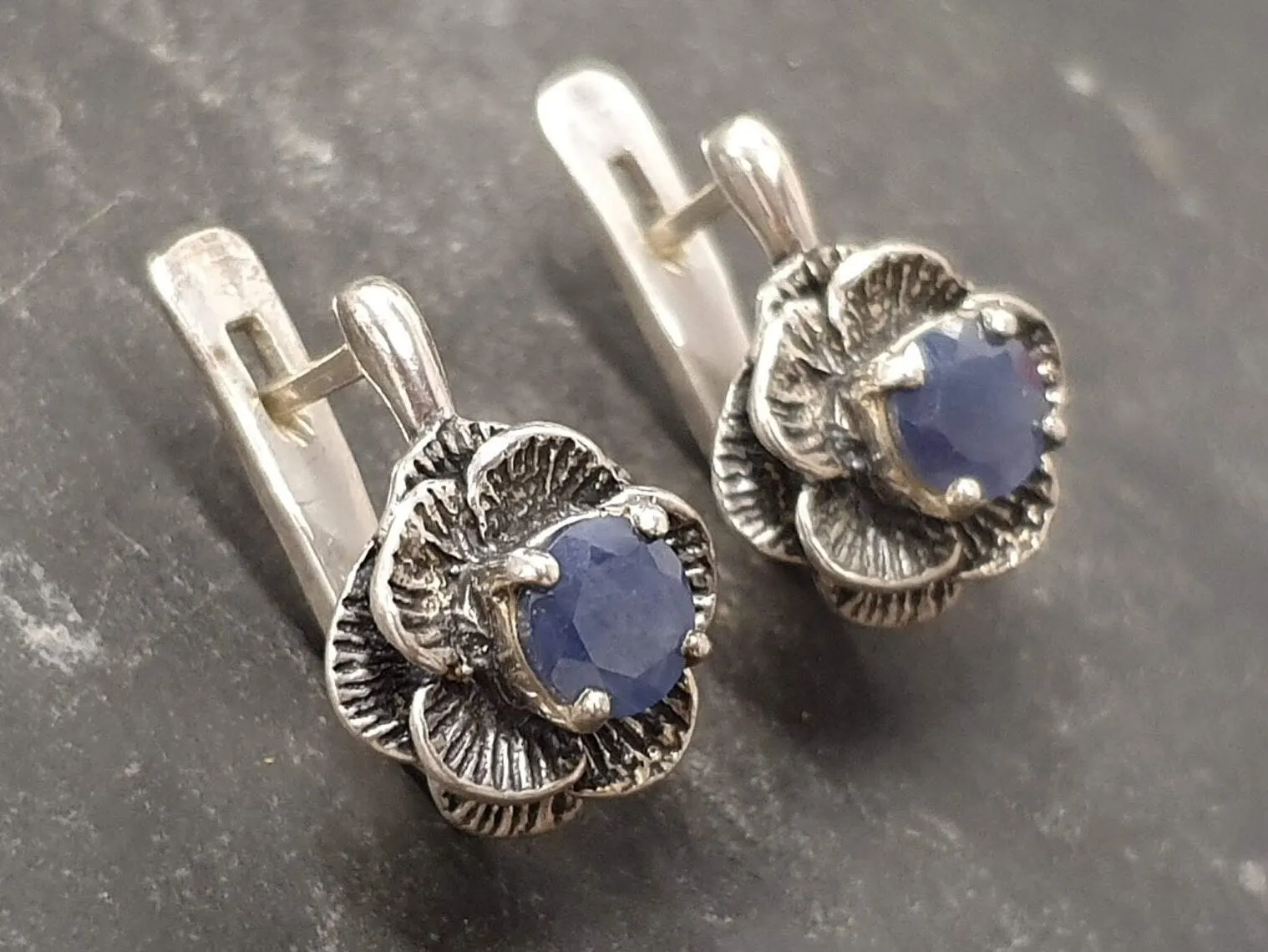 Blue Rose Earrings - Natural Sapphire Studs - Vintage Flower Earrings