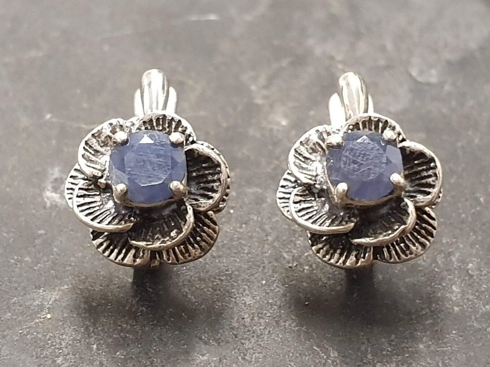 Blue Rose Earrings - Natural Sapphire Studs - Vintage Flower Earrings