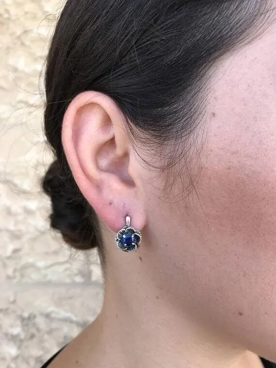 Blue Rose Earrings - Natural Sapphire Studs - Vintage Flower Earrings