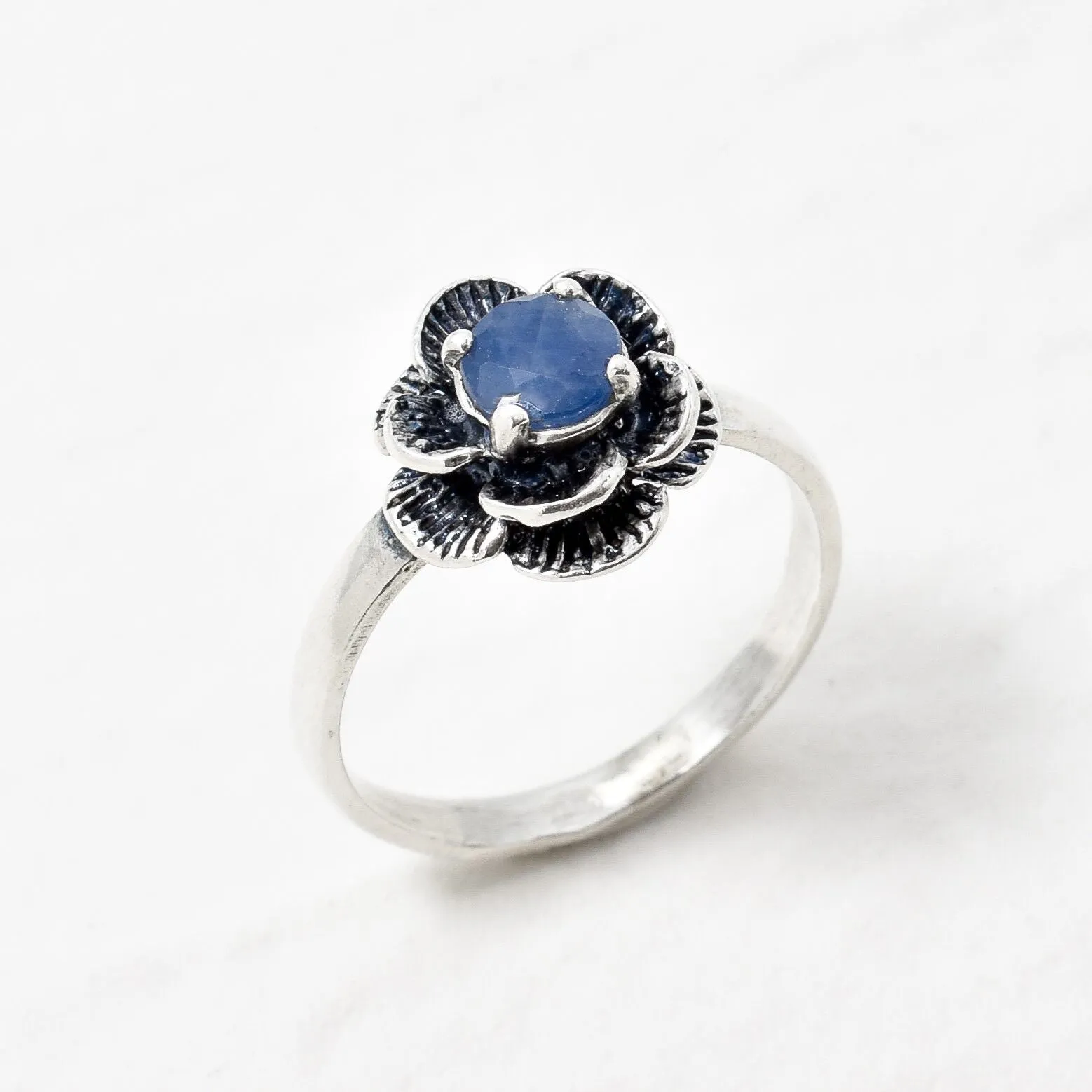 Blue Rose Ring - Natural Sapphire Ring - Solitaire Flower Ring