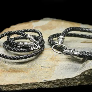 Braided Leather Necklace with Silver Icelandic Wolf Heads