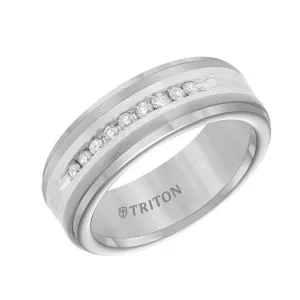 BURGESS Tungsten Wedding Band with Silver Inlay and 9 White Diamonds by Triton Rings - 8 mm