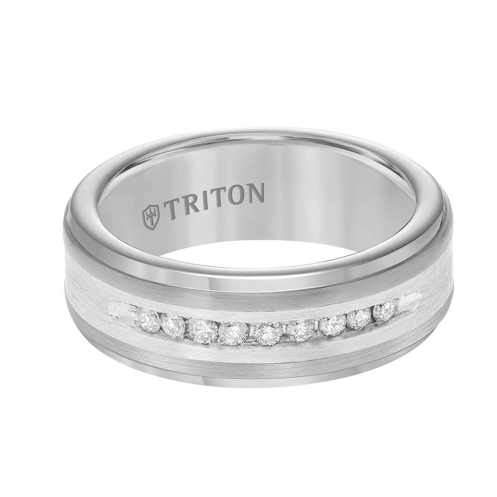 BURGESS Tungsten Wedding Band with Silver Inlay and 9 White Diamonds by Triton Rings - 8 mm