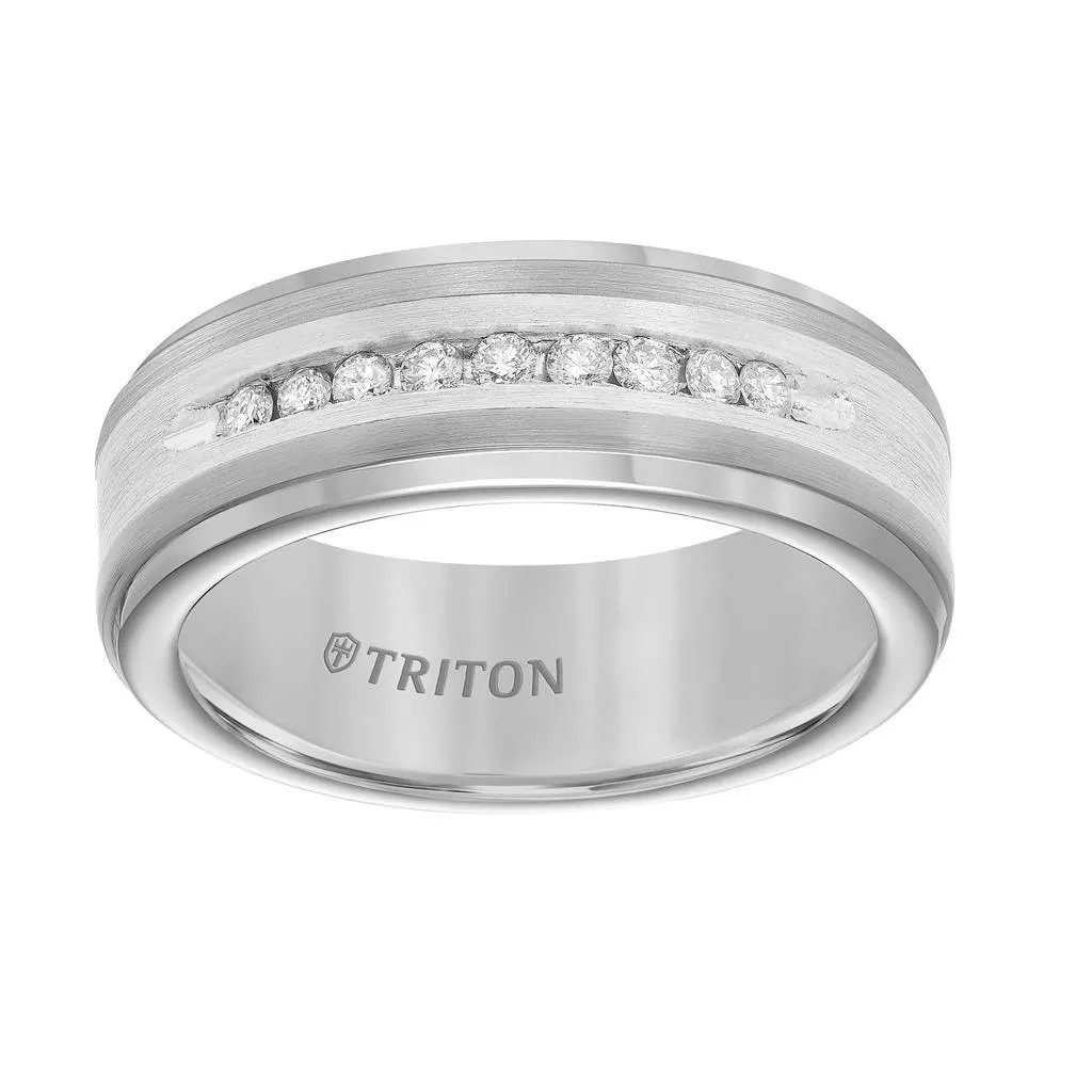 BURGESS Tungsten Wedding Band with Silver Inlay and 9 White Diamonds by Triton Rings - 8 mm