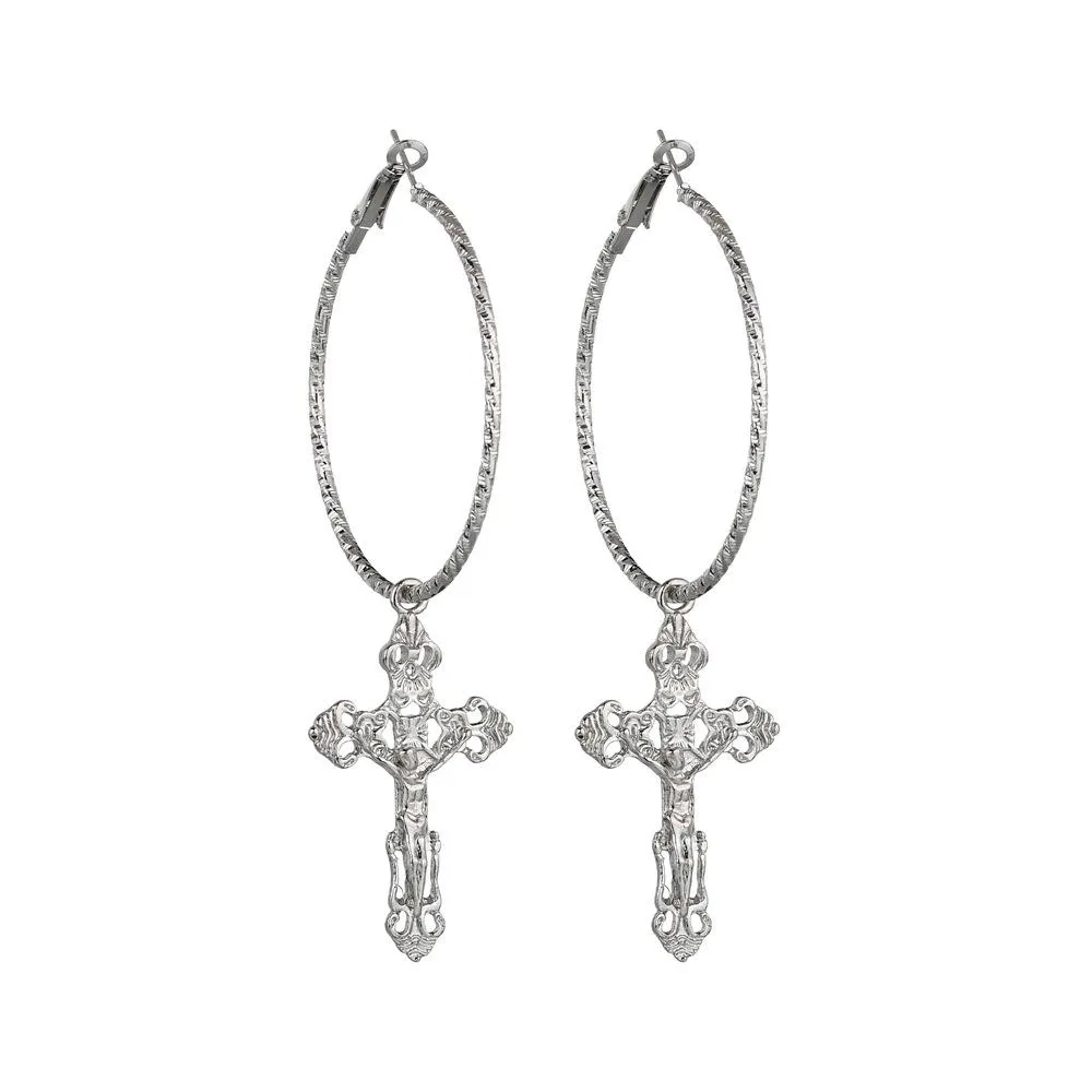 Catholic Drop Cross Hoop Earrings in Gold & Silver