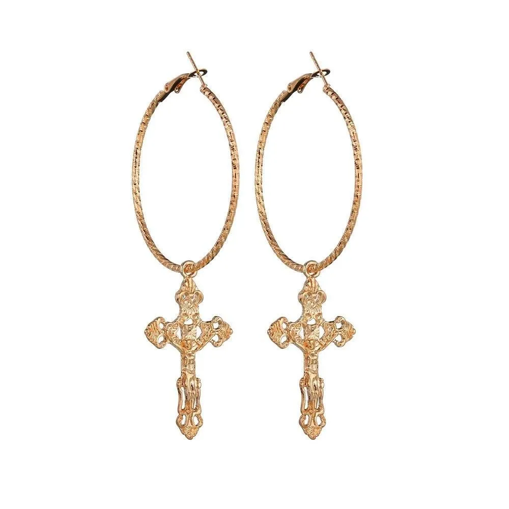 Catholic Drop Cross Hoop Earrings in Gold & Silver