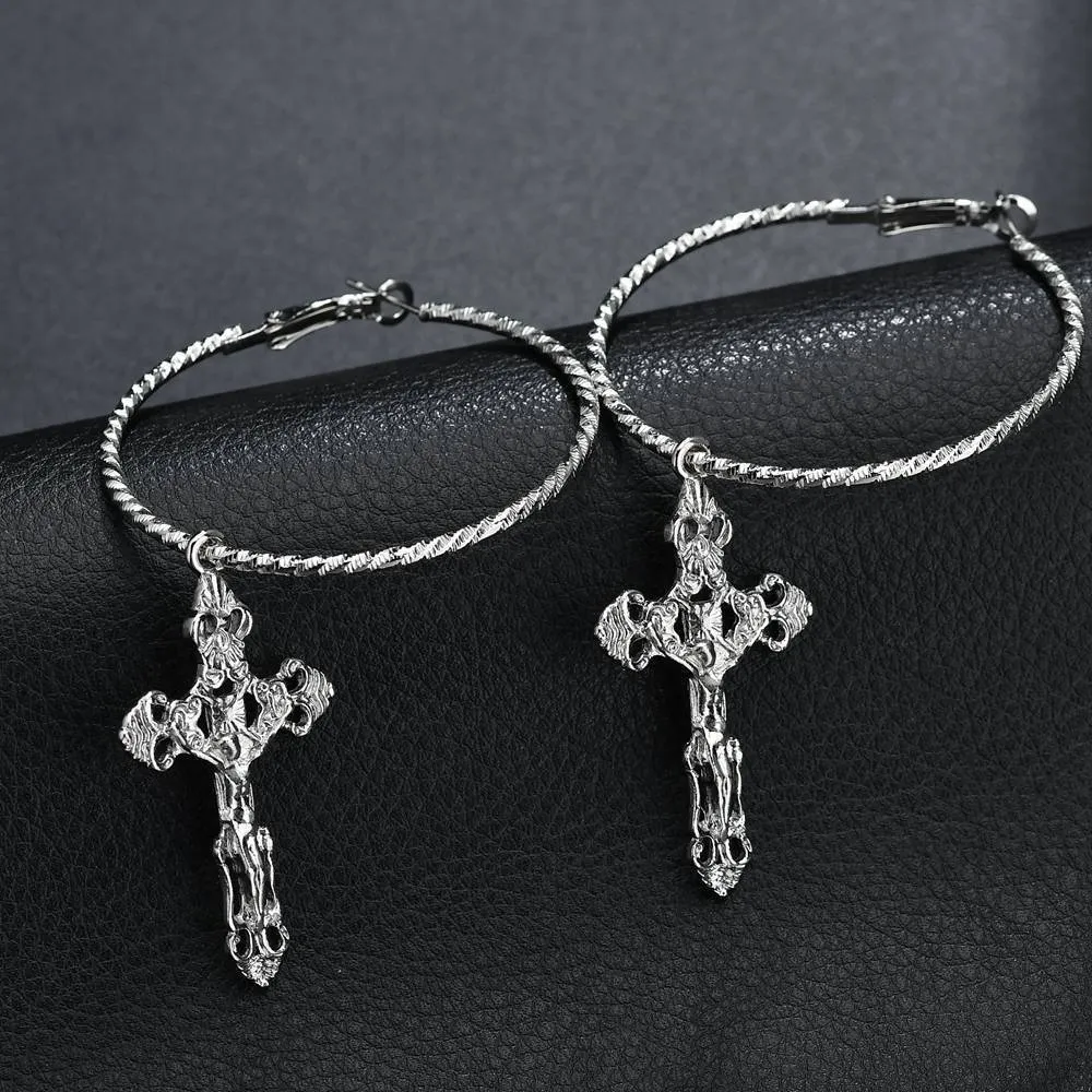 Catholic Drop Cross Hoop Earrings in Gold & Silver