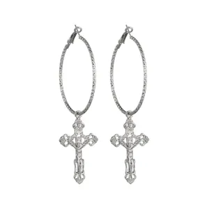 Catholic Drop Cross Hoop Earrings in Gold & Silver