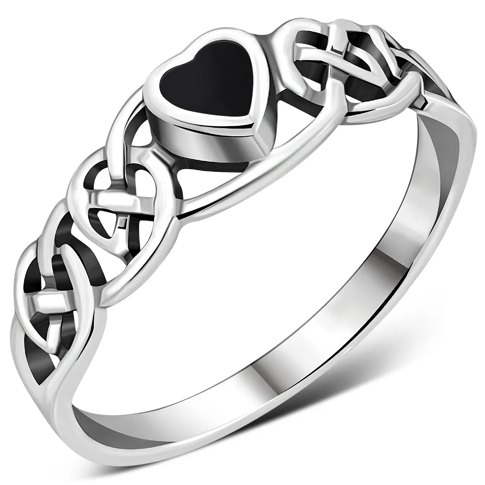 Celtic Knot Black Onyx Heart Silver Ring