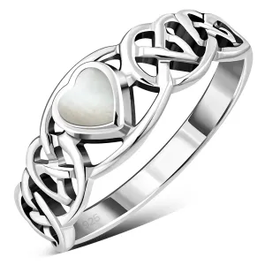 Celtic Knot Mother of Pearl Heart Silver Ring