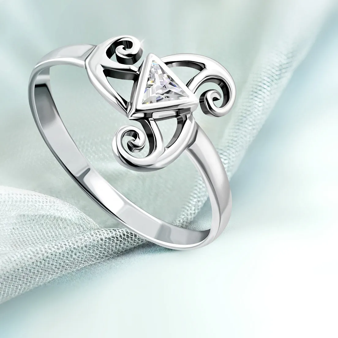 Clear CZ Triskele Triple Spiral Silver Ring