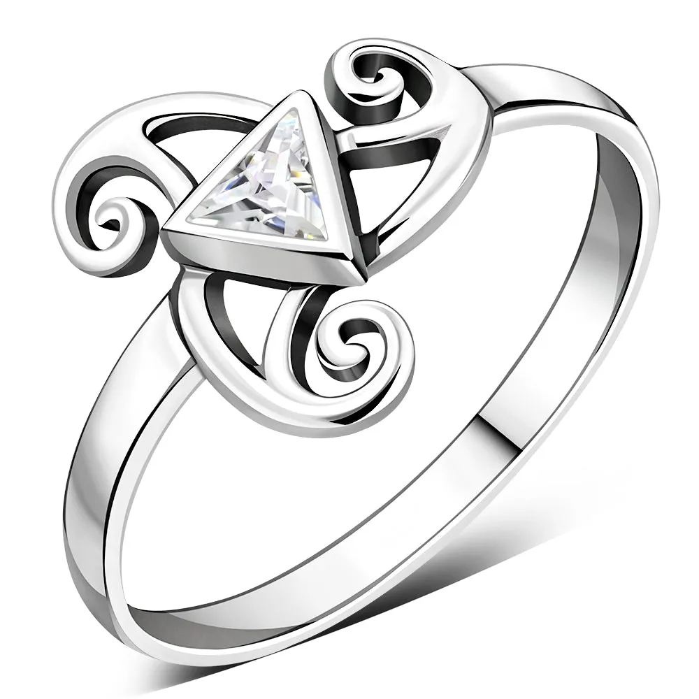 Clear CZ Triskele Triple Spiral Silver Ring