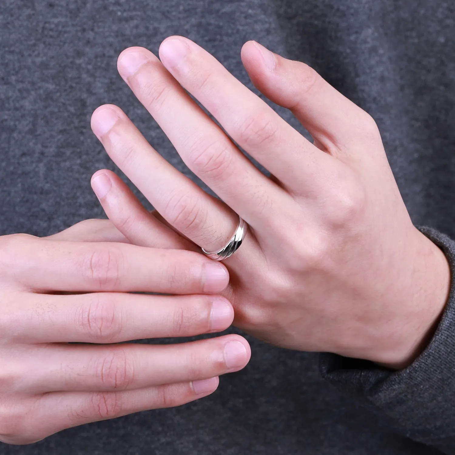 Couple Rings: Silver rhodium plated slant groove band ring