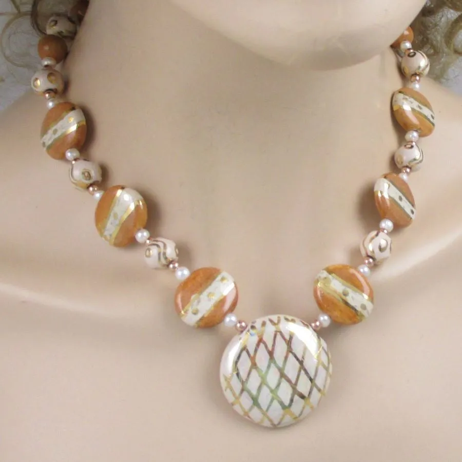 Cream Honey  & Gold Pendant Necklace Kazuri Fair Trade Bead