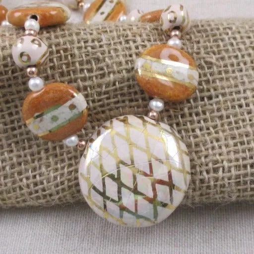 Cream Honey  & Gold Pendant Necklace Kazuri Fair Trade Bead