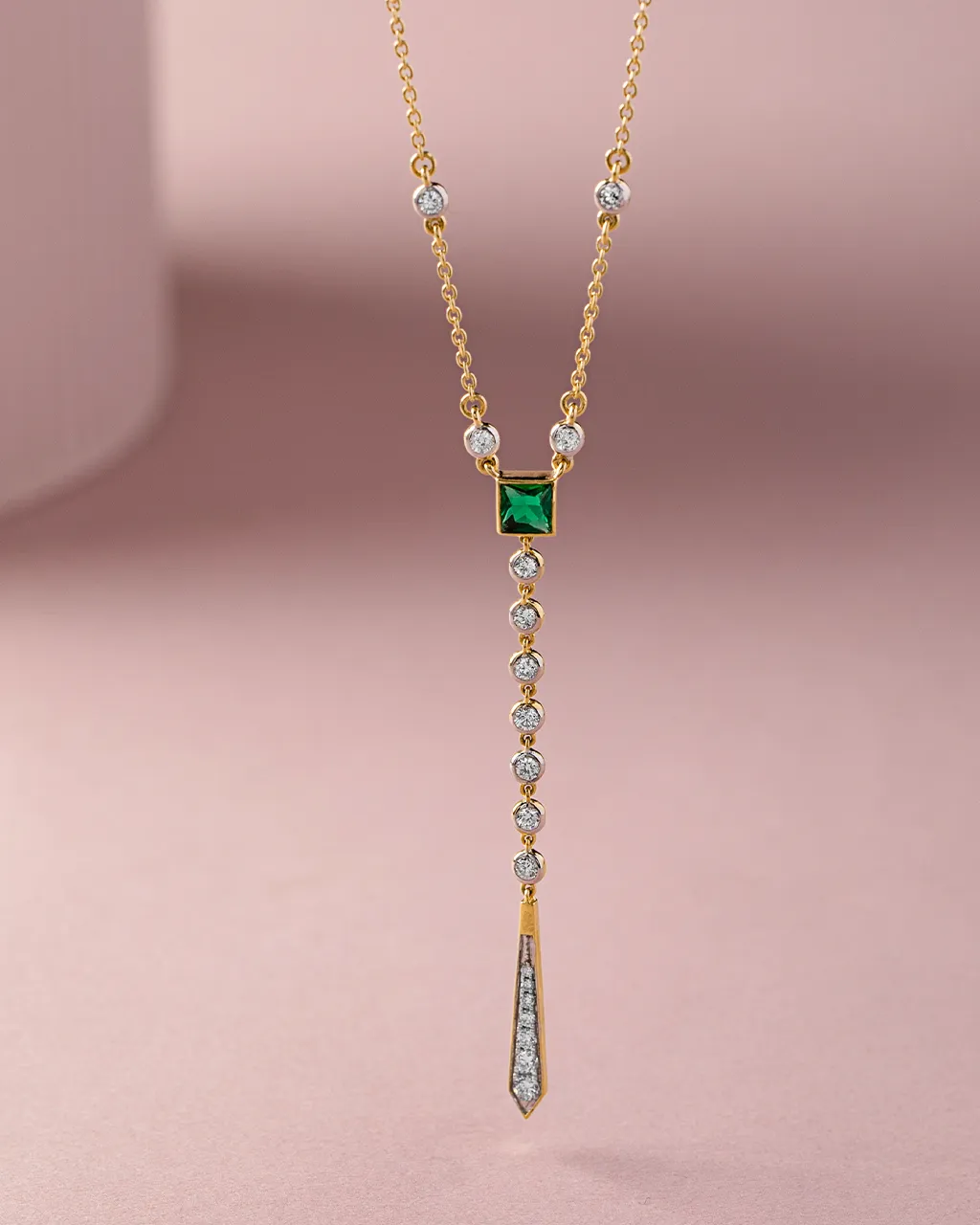 Created Emerald Diamond Lariat Necklace