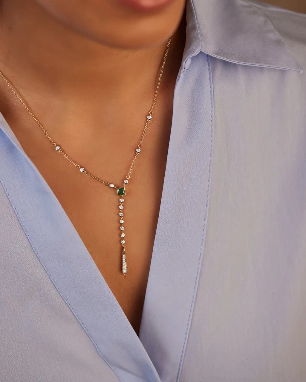 Created Emerald Diamond Lariat Necklace