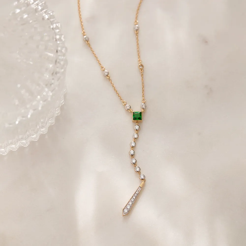 Created Emerald Diamond Lariat Necklace