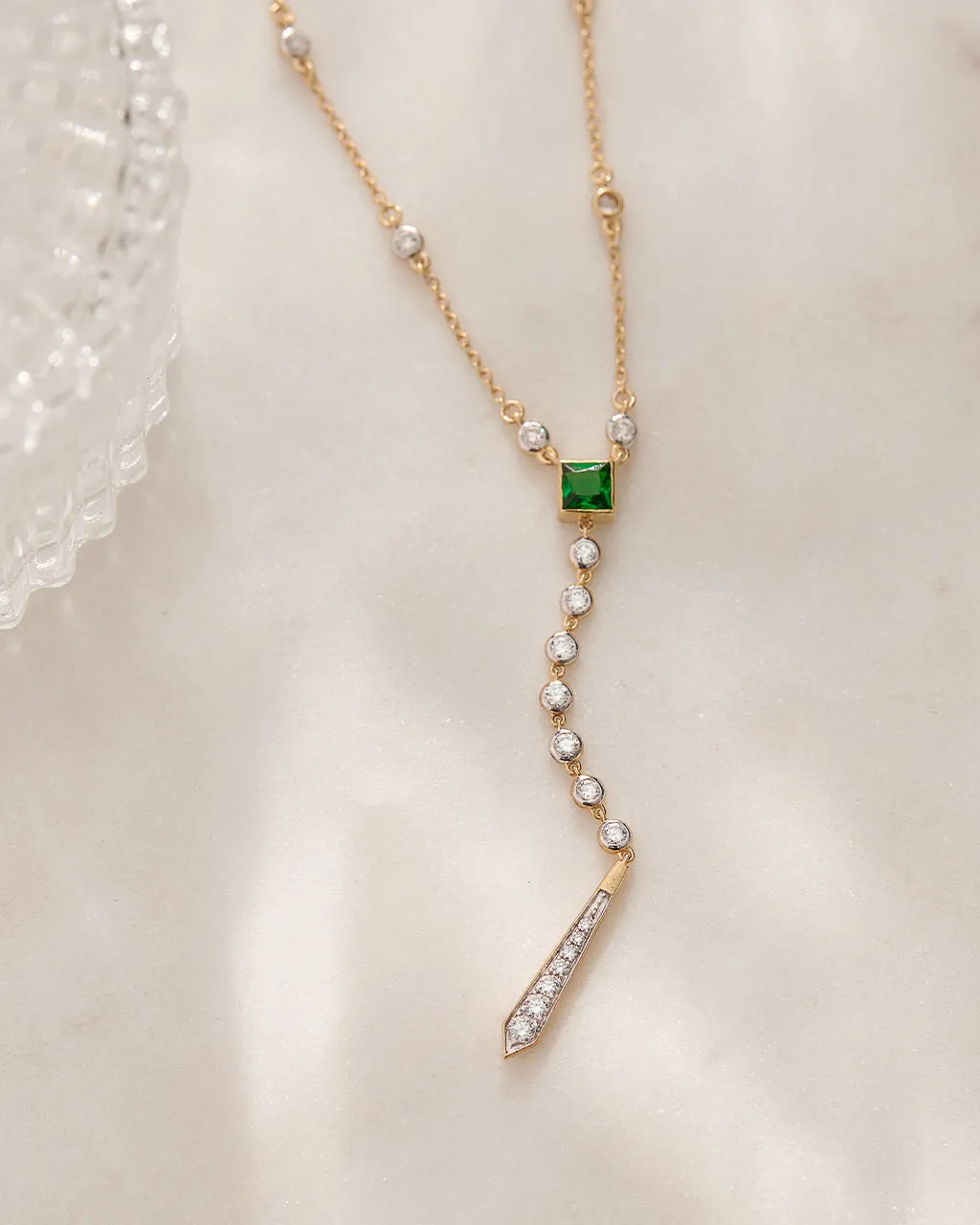 Created Emerald Diamond Lariat Necklace