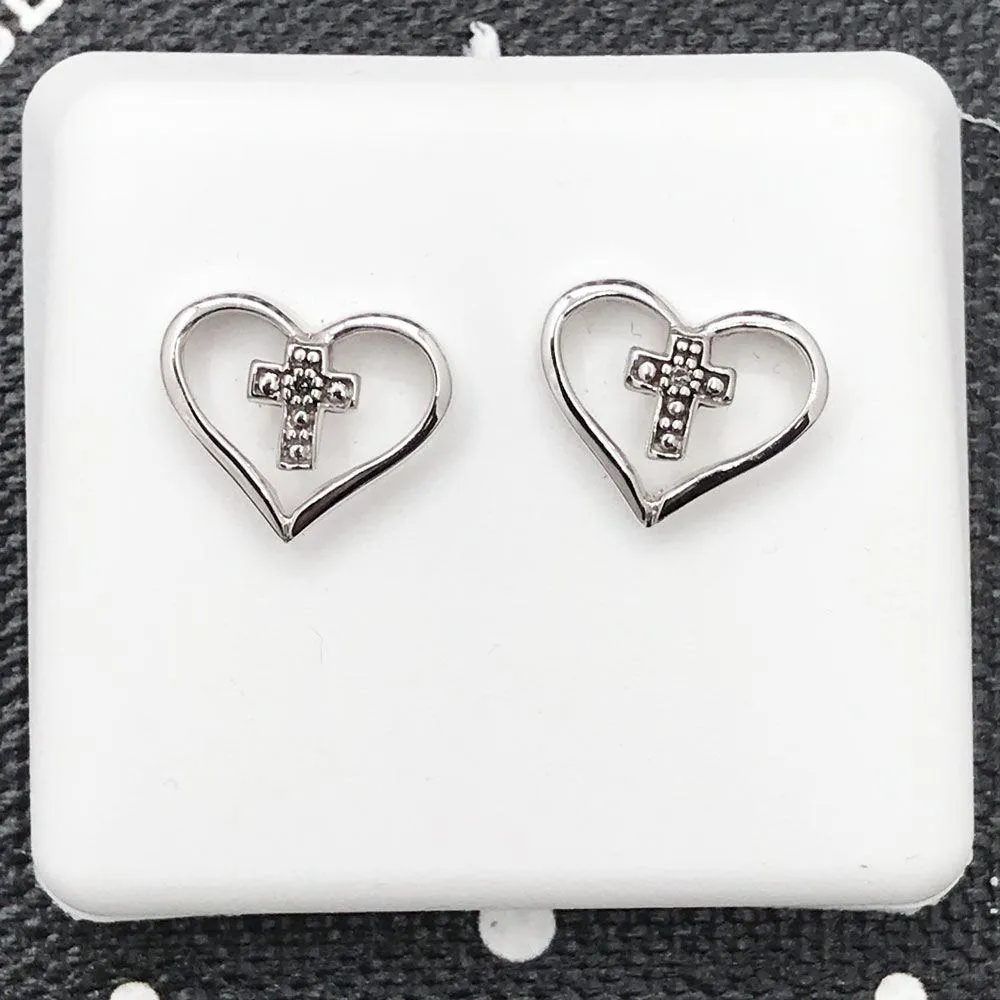 Cross Heart Diamond Earrings .02cttw 10K White Gold