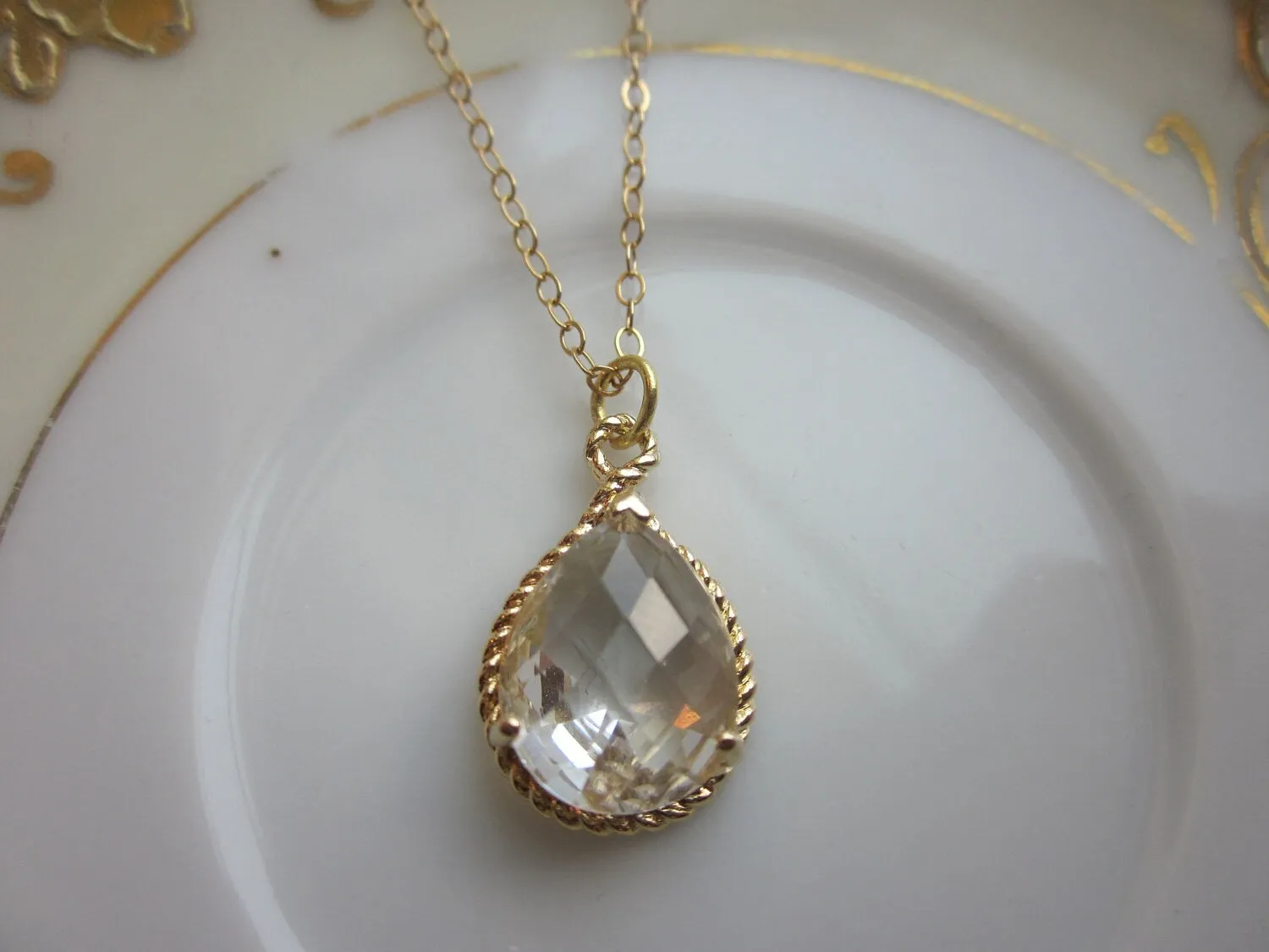 Crystal Necklace Gold Clear Teardrop - 14k Gold Filled Chain - Bridesmaid Necklace - Bridesmaid Jewelry - Bridal Wedding