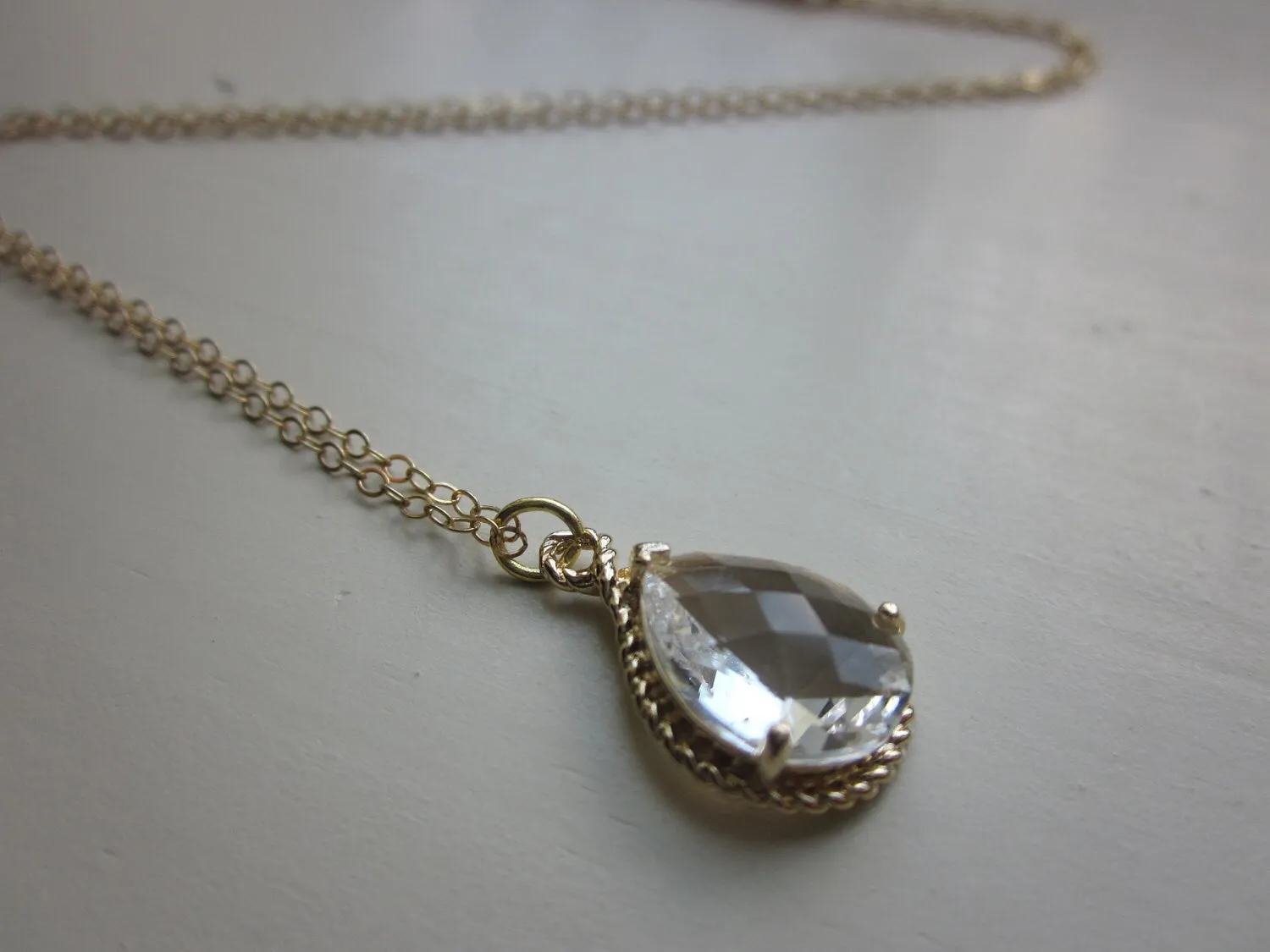 Crystal Necklace Gold Clear Teardrop - 14k Gold Filled Chain - Bridesmaid Necklace - Bridesmaid Jewelry - Bridal Wedding