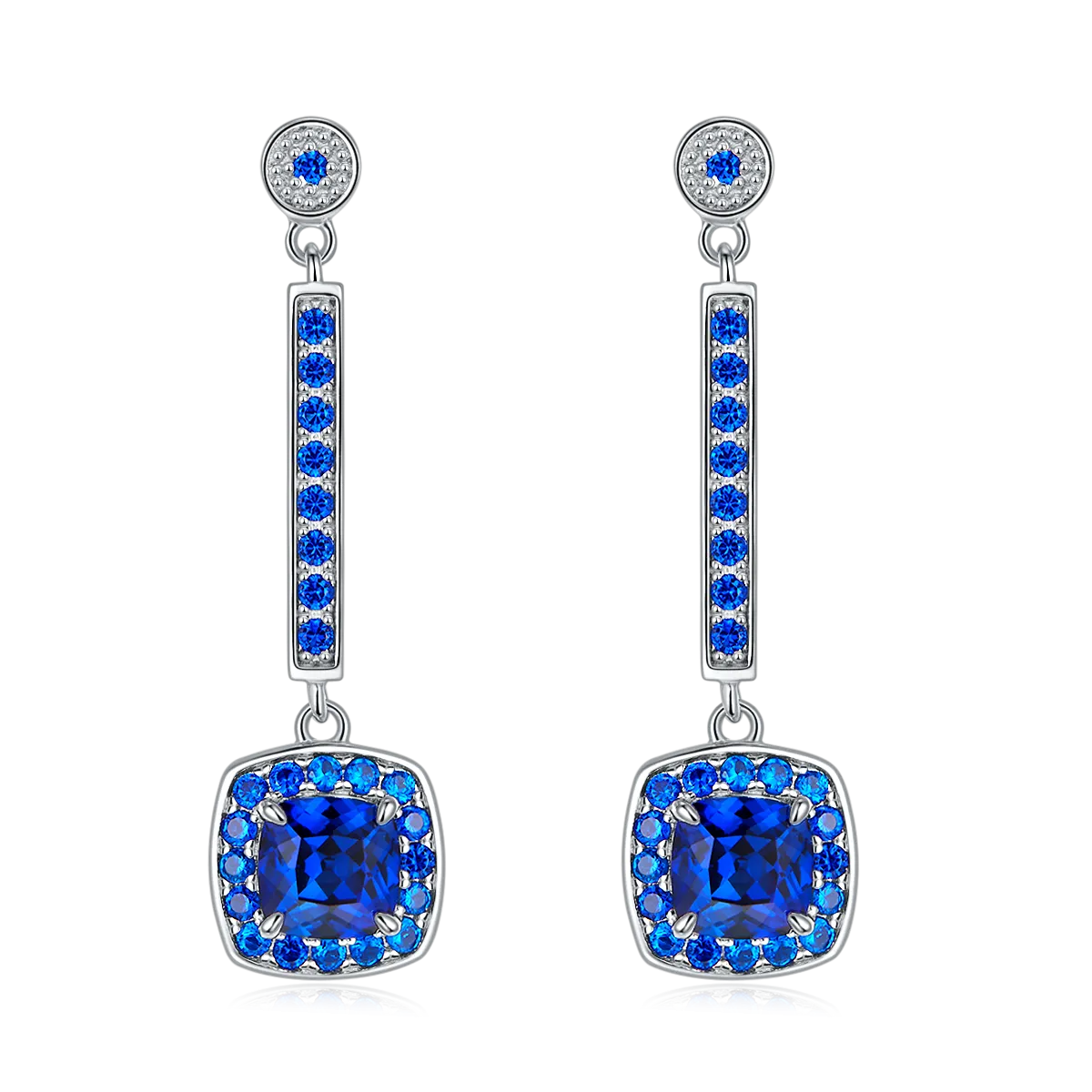 Cushion Cut 2.0 Carat Lab Created Sapphire Long Drop Earrings in S925 Silver Plated Platinum