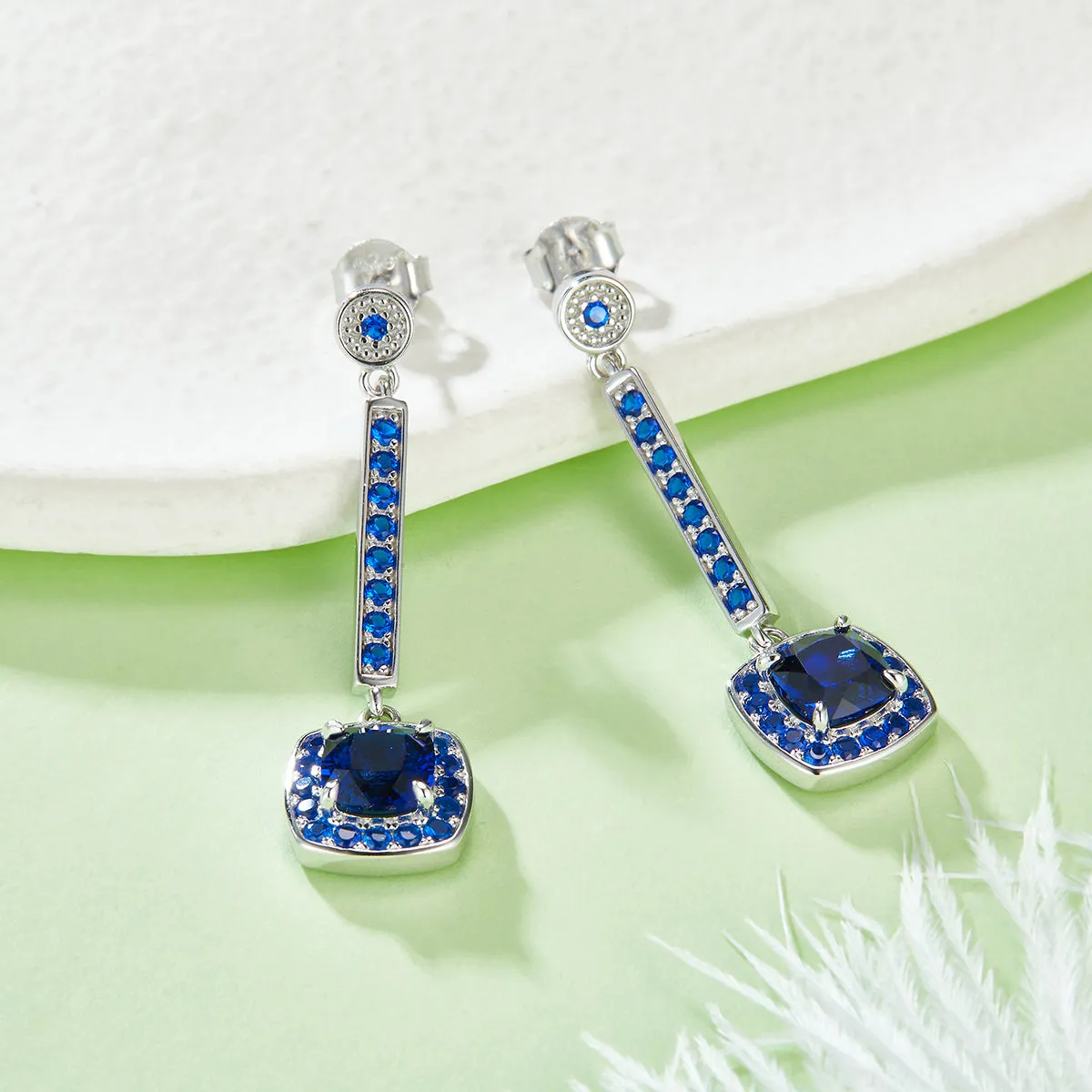 Cushion Cut 2.0 Carat Lab Created Sapphire Long Drop Earrings in S925 Silver Plated Platinum