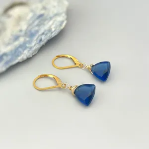 Dainty Sapphire Blue Quartz Earrings dangly 14k gold, sterling silver