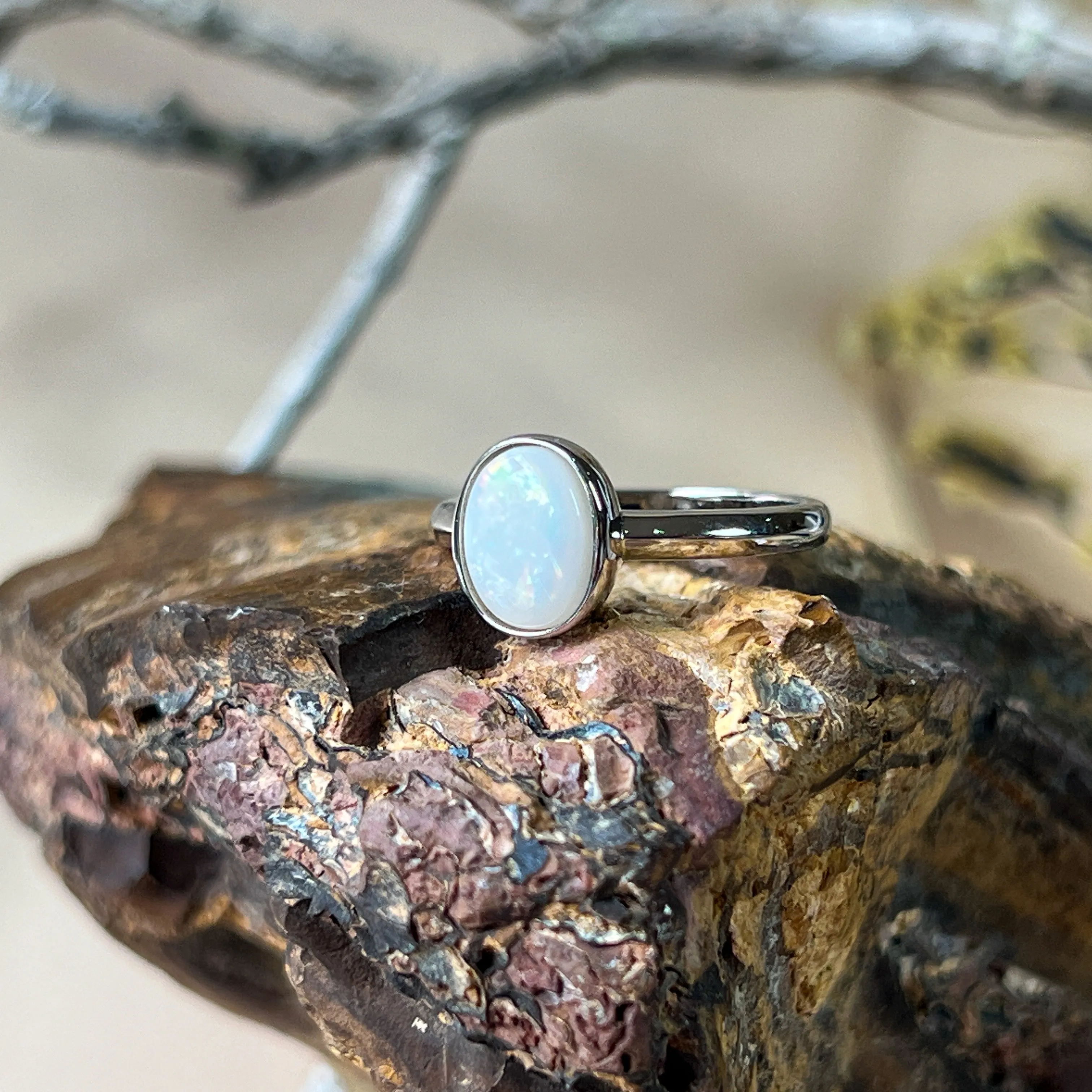 Dainty Solitaire White Opal Ring - Sterling Silver - Women's Gold, Blue & Silver Opal Jewelry Ring 8x6mm