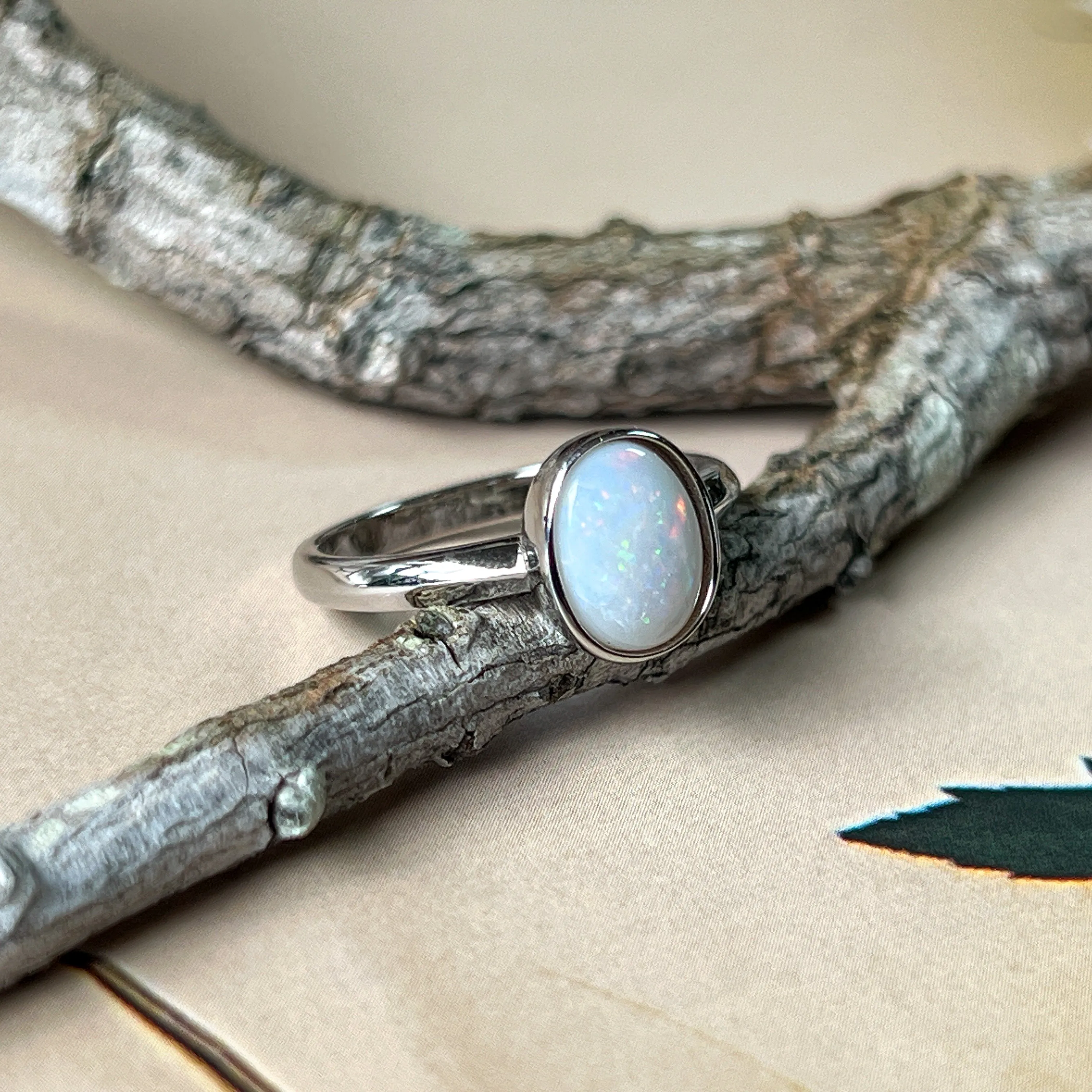 Dainty Solitaire White Opal Ring - Sterling Silver - Women's Gold, Blue & Silver Opal Jewelry Ring 8x6mm