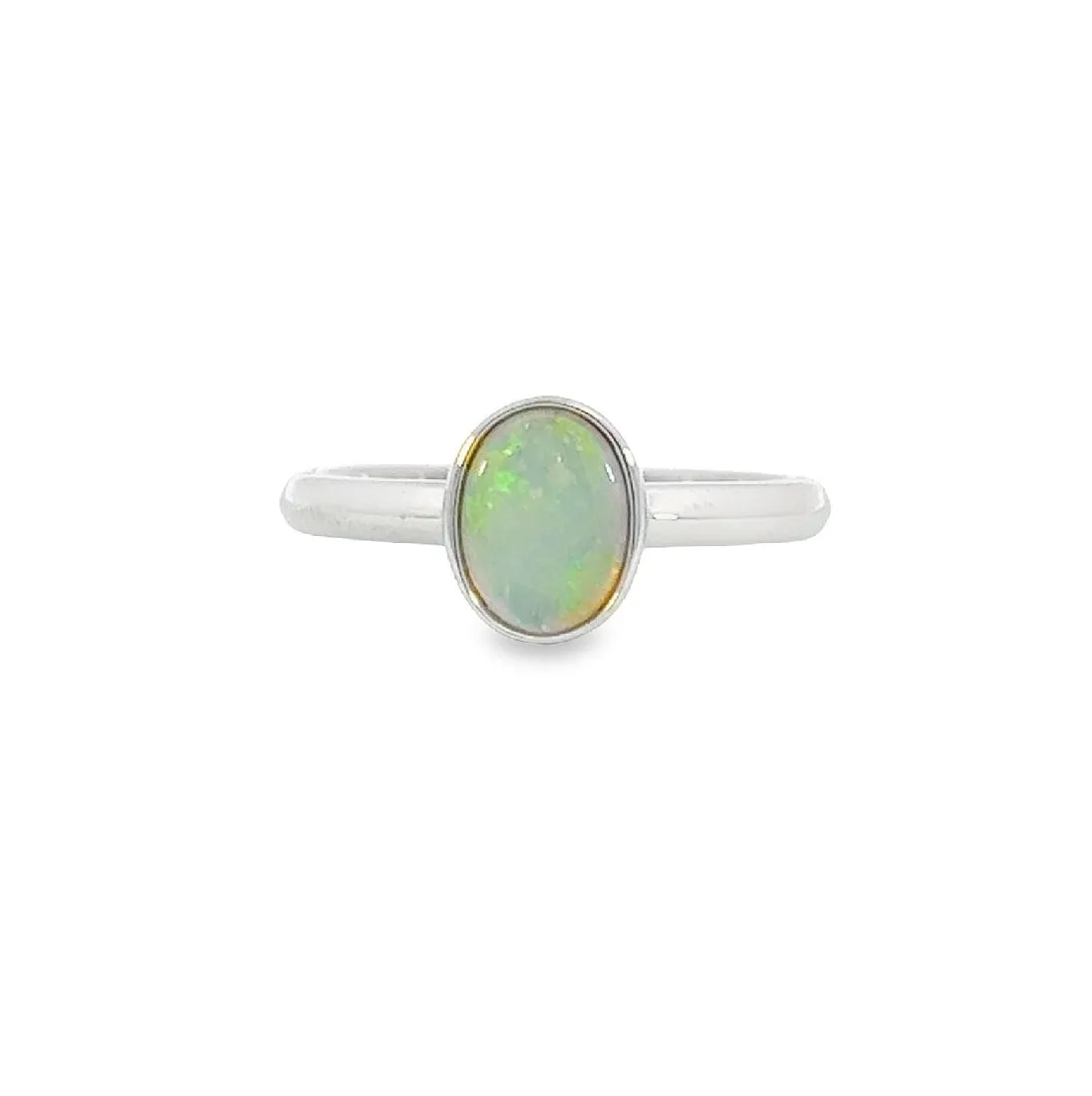 Dainty Solitaire White Opal Ring - Sterling Silver - Women's Gold, Blue & Silver Opal Jewelry Ring 8x6mm