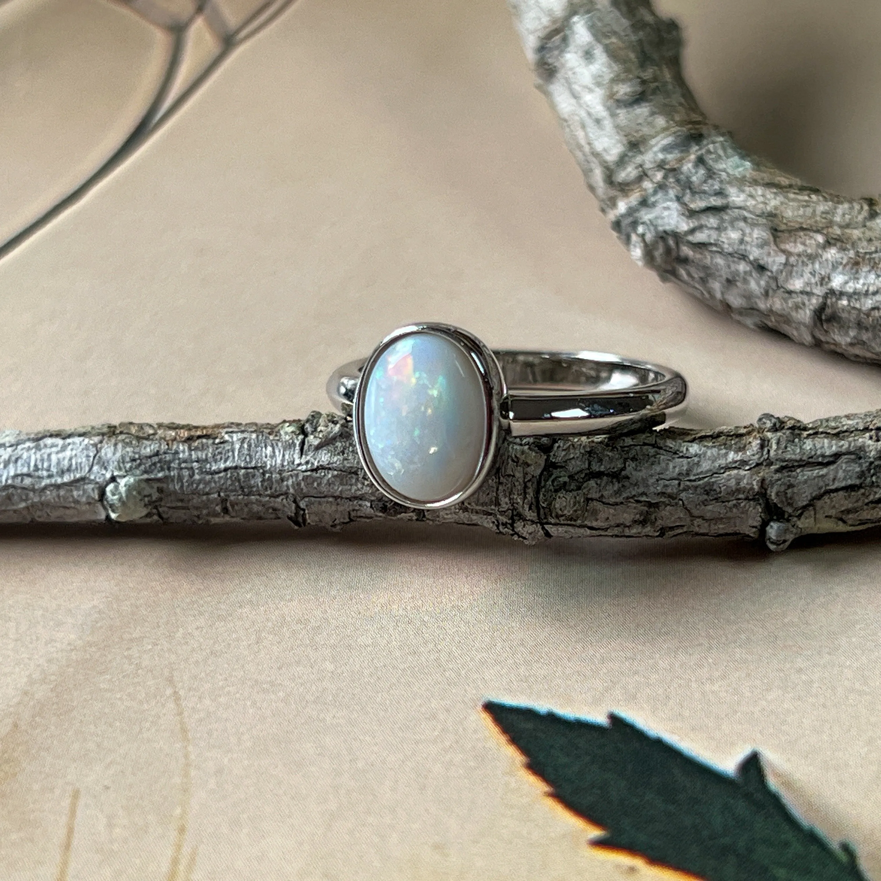 Dainty Solitaire White Opal Ring - Sterling Silver - Women's Gold, Blue & Silver Opal Jewelry Ring 8x6mm