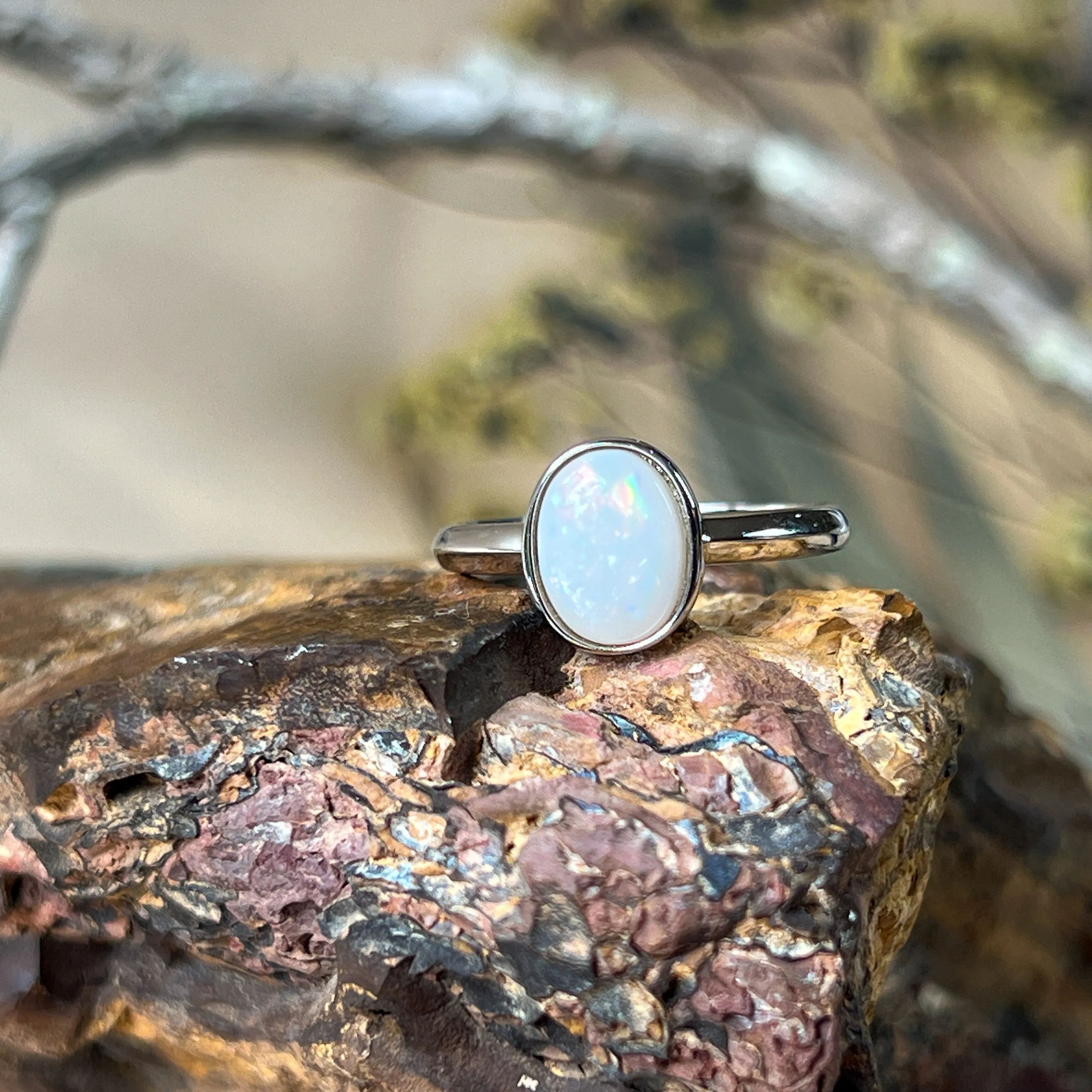 Dainty Solitaire White Opal Ring - Sterling Silver - Women's Gold, Blue & Silver Opal Jewelry Ring 8x6mm