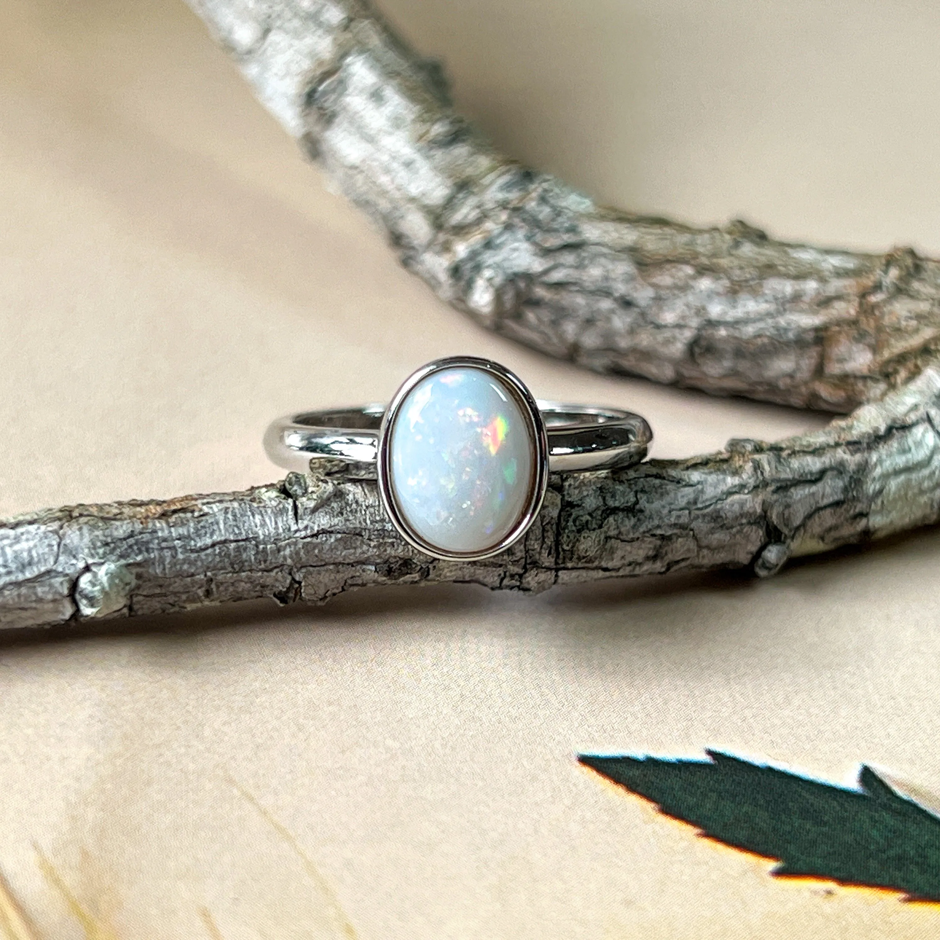 Dainty Solitaire White Opal Ring - Sterling Silver - Women's Gold, Blue & Silver Opal Jewelry Ring 8x6mm