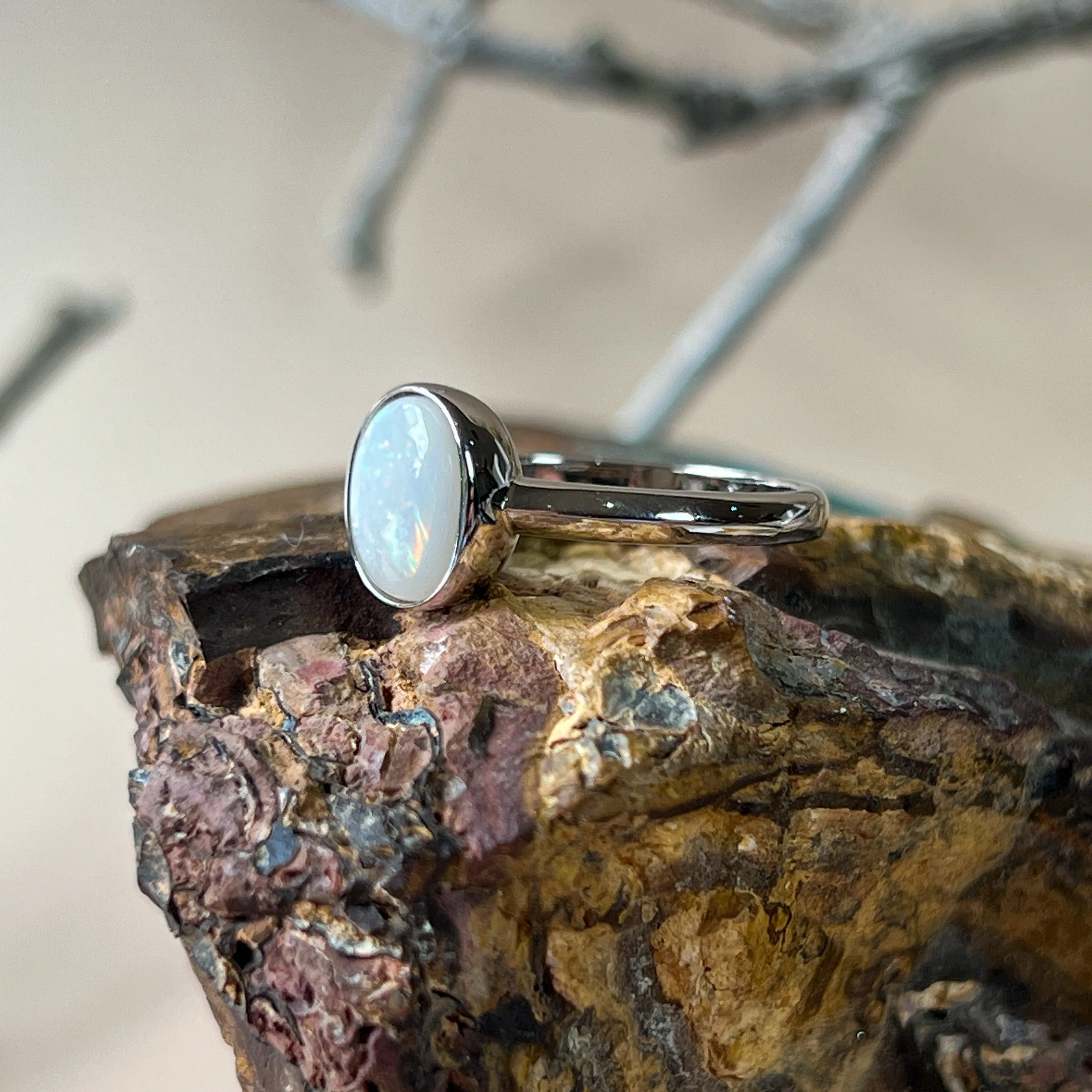 Dainty Solitaire White Opal Ring - Sterling Silver - Women's Gold, Blue & Silver Opal Jewelry Ring 8x6mm