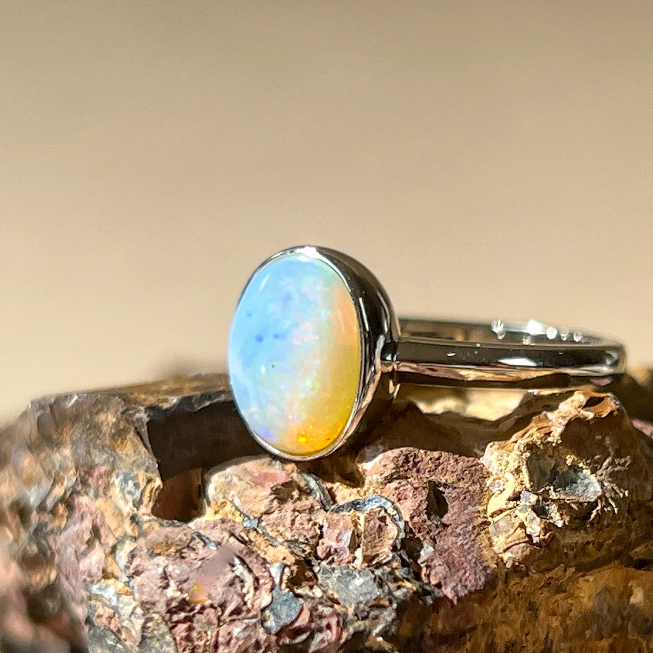 Dainty Solitaire White Opal Ring - Sterling Silver - Women's Gold, Blue & Silver Opal Jewelry9x7mm