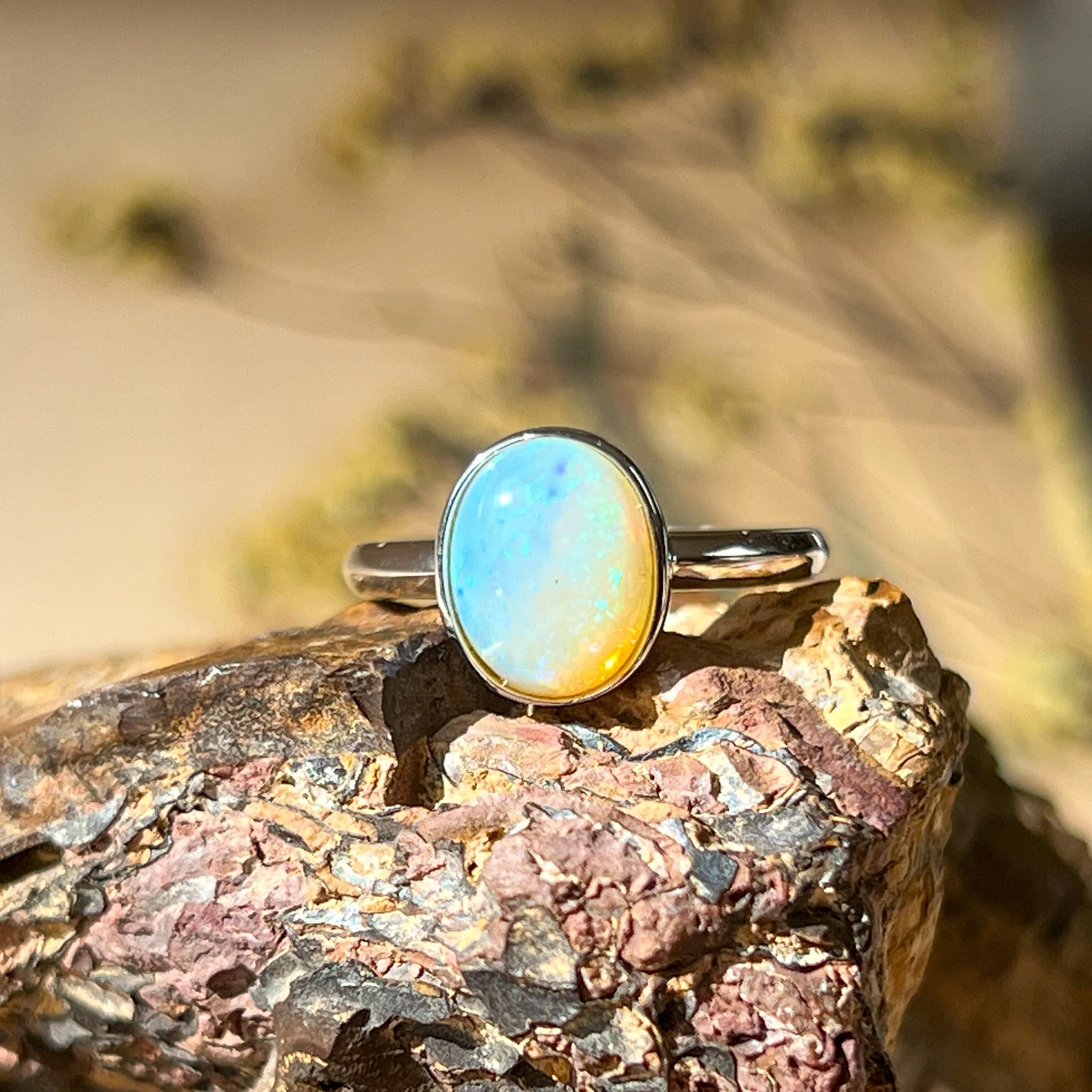 Dainty Solitaire White Opal Ring - Sterling Silver - Women's Gold, Blue & Silver Opal Jewelry9x7mm