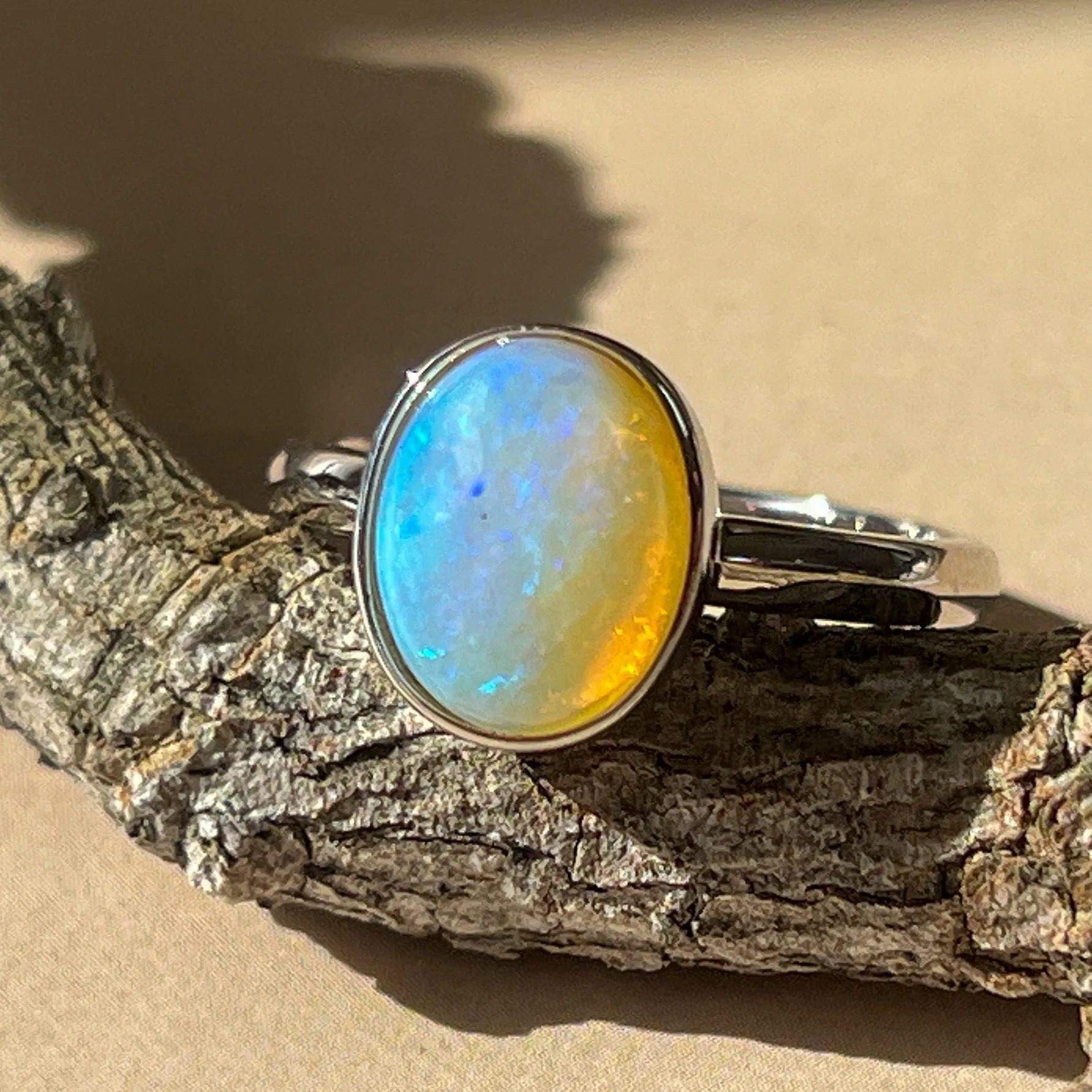 Dainty Solitaire White Opal Ring - Sterling Silver - Women's Gold, Blue & Silver Opal Jewelry9x7mm