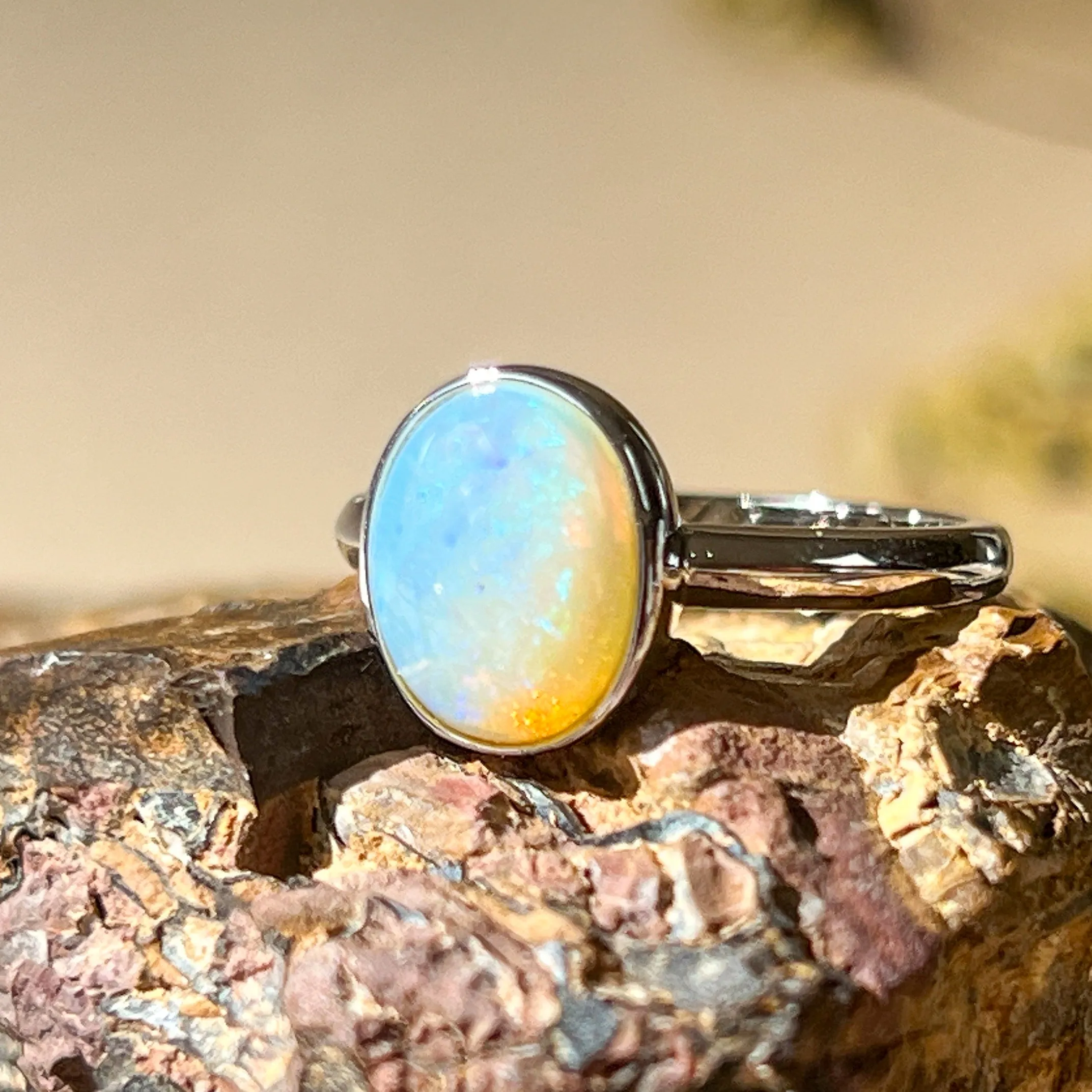 Dainty Solitaire White Opal Ring - Sterling Silver - Women's Gold, Blue & Silver Opal Jewelry9x7mm