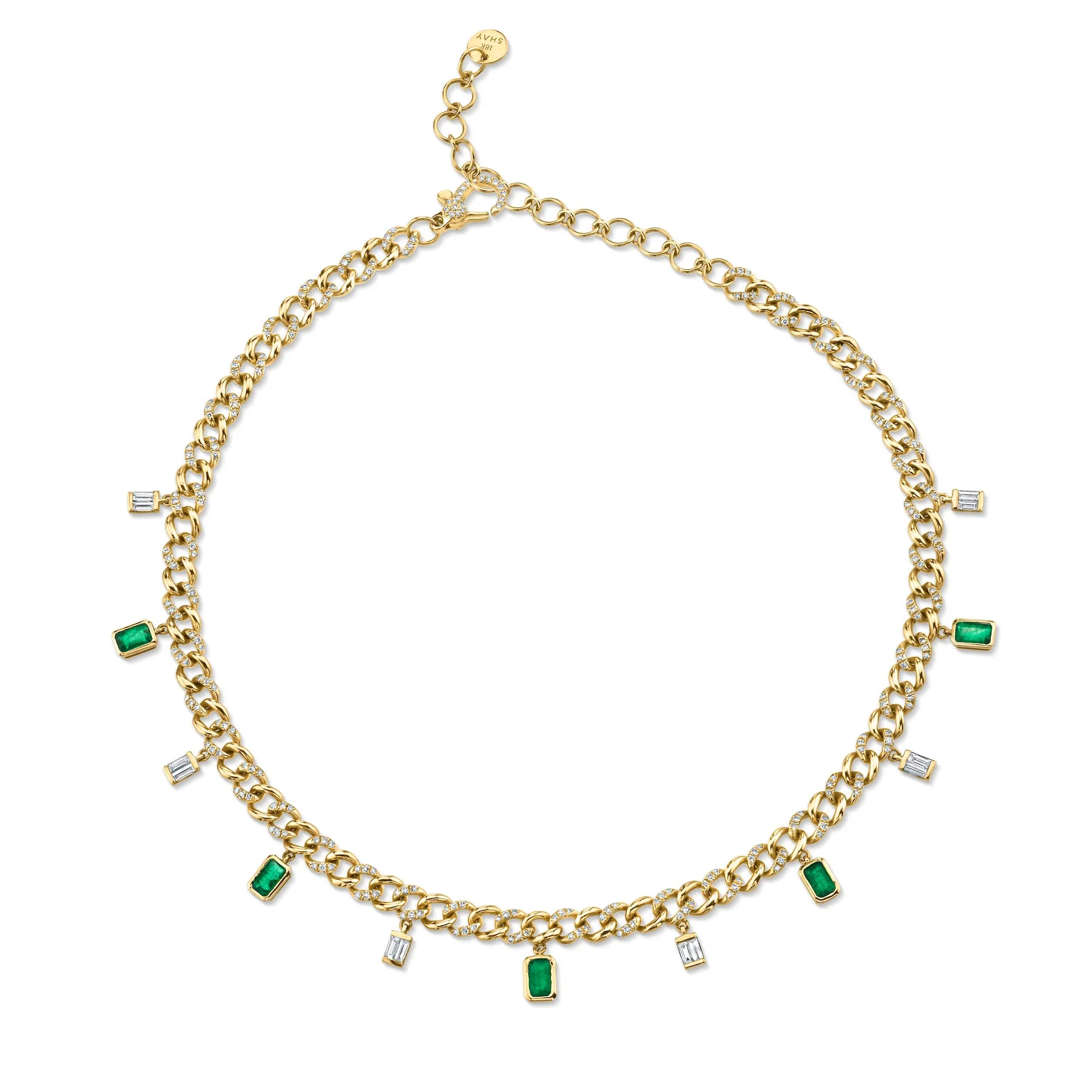 DIAMOND & EMERALD BAGUETTE DROP LINK NECKLACE