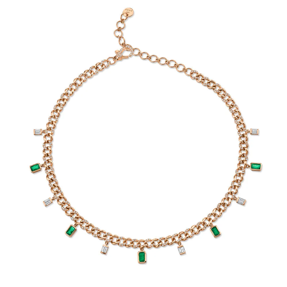 DIAMOND & EMERALD BAGUETTE DROP LINK NECKLACE