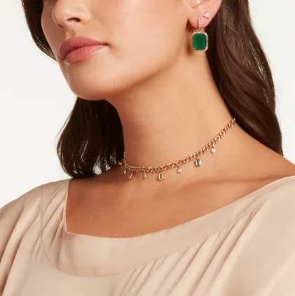 DIAMOND & EMERALD BAGUETTE DROP LINK NECKLACE