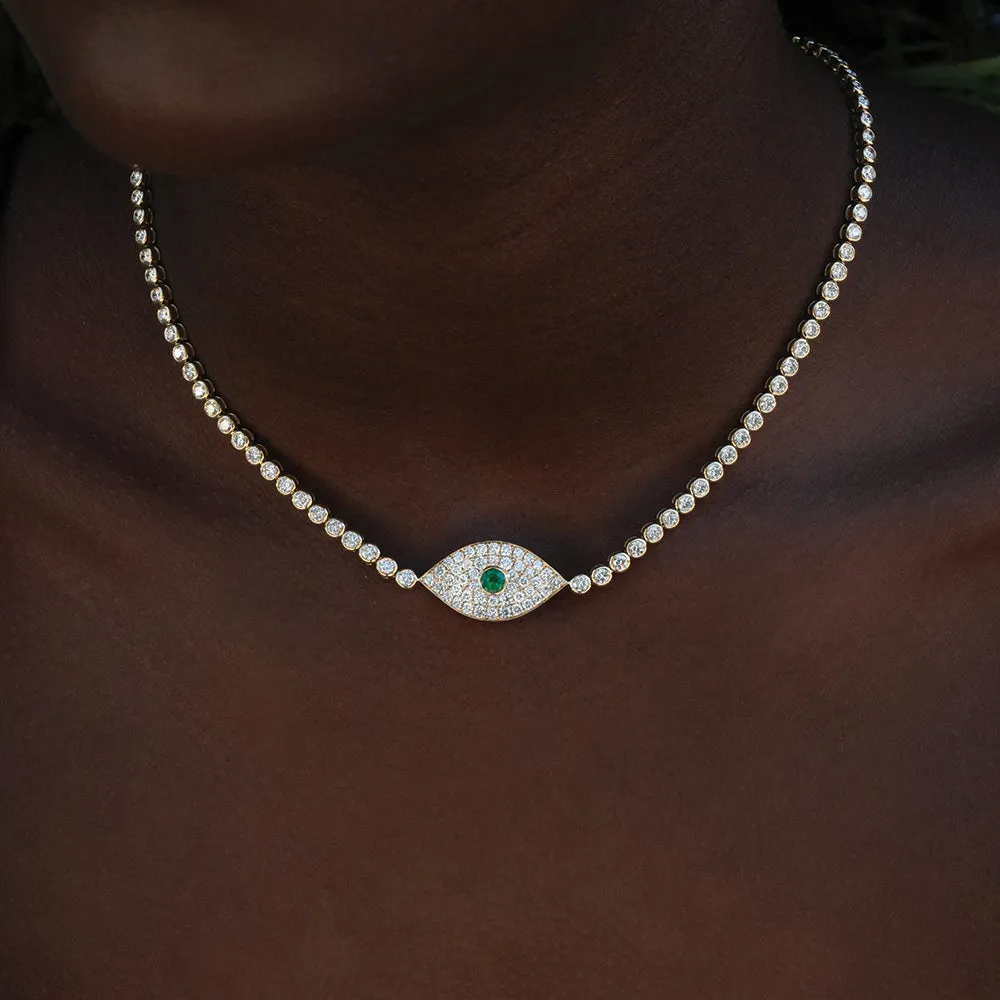 DIAMOND EVIL EYE CHOKER WITH EMERALD EYE