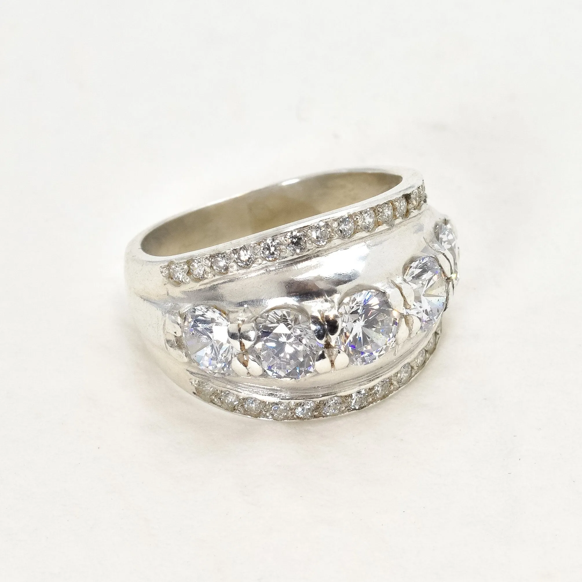 Diamond Statement Ring - Silver Dome Ring - Chunky Diamond Band