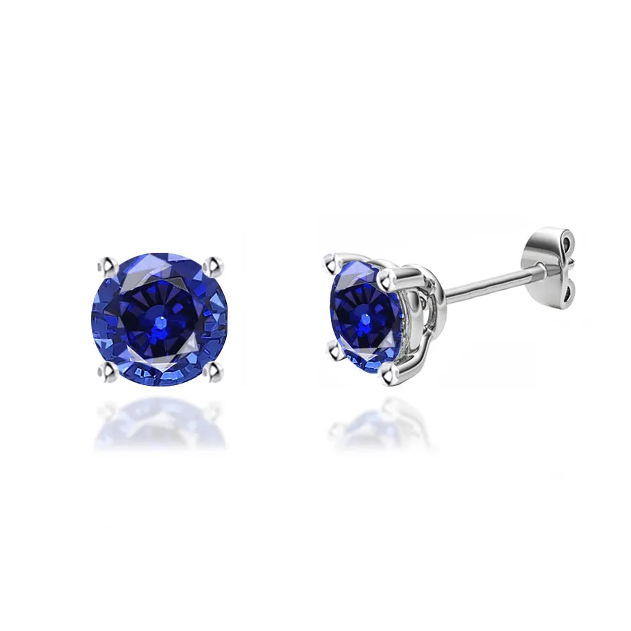 DOVE - Round Blue Sapphire 18k White Gold Stud Earrings