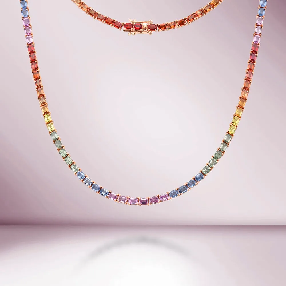 East West Rainbow Multi Color Sapphire Emerald Cut Tennis Necklace (25.00 ct.) 4-Prongs Setting in 14K Gold