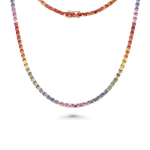 East West Rainbow Multi Color Sapphire Emerald Cut Tennis Necklace (25.00 ct.) 4-Prongs Setting in 14K Gold